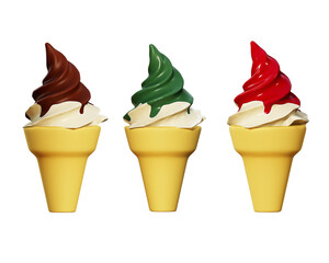 3D rendering of icecream cone, chocolate, cherry and matcha green tea ice scream