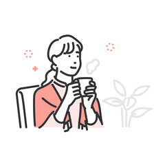 リラックスして暖かい飲み物を飲む女性のシンプルな線画イラスト