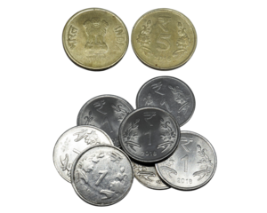 five rupees coin, and one rupees coins. on white background. Rupees, Indian Currency coins money, business real estate concept.