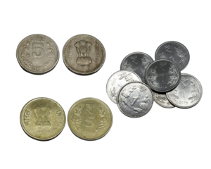 five rupees coin, and ten rupees coin, and 1 rupees coins. o white background. Rupees, Indian Currency coins money, business real estate concept.