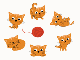 Red cute kitten in different poses with a ball. Vector cartoon flat illustration. Funny playful kitten isolated on a white background.