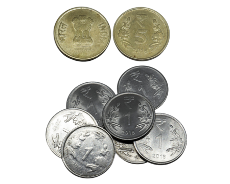 five rupees coin, and one rupees coins. on white background. Rupees, Indian Currency coins money, business real estate concept.