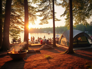 A serene summer campsite by the lake, with rustic style and raw natural beauty. - obrazy, fototapety, plakaty