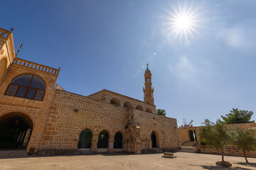 Mor (Purple) Hobil Mor Abrohom Monastery. Depending on the Midyat district of Mardin in Turkey. Monastery entrance gate and religious symbols © kenan