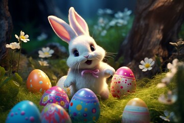 Joyful Easter celebration. Adorable bunny with vibrant egg. Generative AI