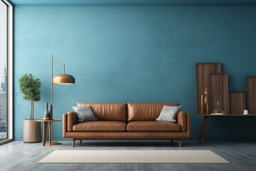 Minimalistic city theme room featuring a brown sofa and blue wall. Generative AI - obrazy, fototapety, plakaty
