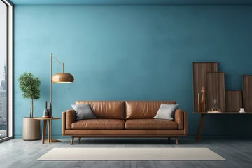Foto op Aluminium Minimalistic city theme room featuring a brown sofa and blue wall. Generative AI © Arcadia