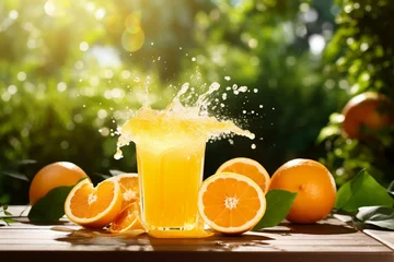 Ingelijste posters Sliced orange fruit splashes orange juice on table, with orange garden in the background. Generative AI © Miriam