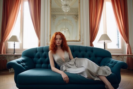 a photo of a gorgeous young redhead woman sitting on a couch in a luxurious posh living room, parisian style interior with tall windows, white paneled walls, fireplace, golden sophisticated decoration