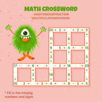 Math Crossword puzzle. Addition, subtraction, multiplication and division