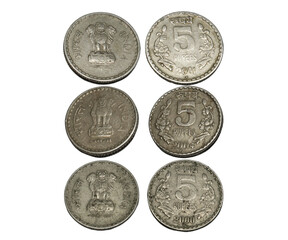 five rupees coin Indian old coin. on white background. Rupees, Indian Currency coins money, business real estate concept.