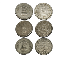 five rupees coin Indian old coin. on white background. Rupees, Indian Currency coins money, business real estate concept.