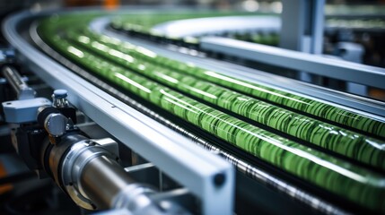 Conveyor belt moving gel pen parts at factory.