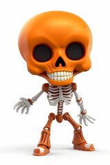 Cute orange skeleton with a big head in cartoon style, isolated on a white background