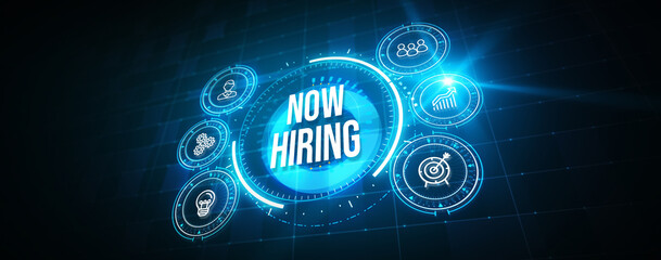 Business, Technology, Internet and network concept. NOW HIRING inscription, modern technology business concept. 3d illustration