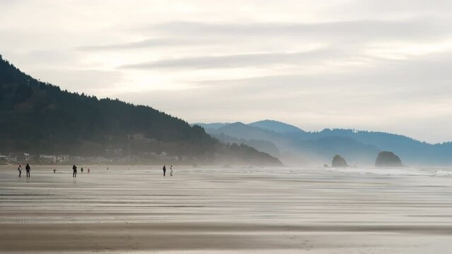 Wide footage of beach in coastal town Cannon Beach, Oregon. Wide shot