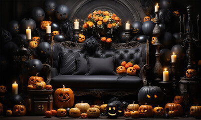 decorative balloons, creatively designed with iconic Halloween motifs like pumpkins, ghosts