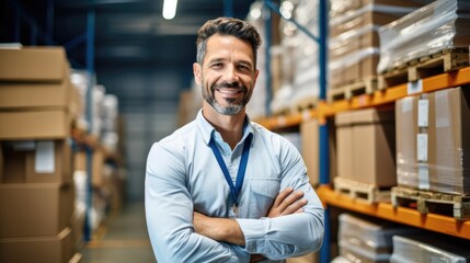 Portrait of a retail shipping analyst working at warehouse, Stock management and logistics, Factory distribution maintenance. - obrazy, fototapety, plakaty