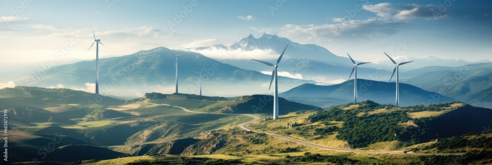 Poster wind turbine on field in hill, wind turbines generating green power.