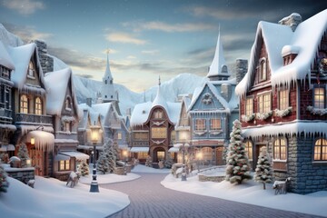 Cozy winter scene of illuminated cottages by the bridge. Picturesque snowy town with festive...