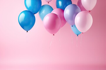 Floating multicolored balloons against soft pink background. Celebration and festivity.