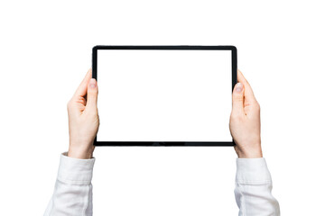 Close up image woman hands holding digital tablet with blank copy space screen for your text...