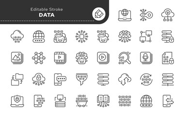 Data conceptual line web icons in outline linear style. Icon - database, optimization, processing, transfer and search of digital data, server and storage. Vector set. Collection pictogram