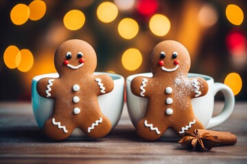Gingerbread men with a hot chocolate on a cozy Christmas lights blur background