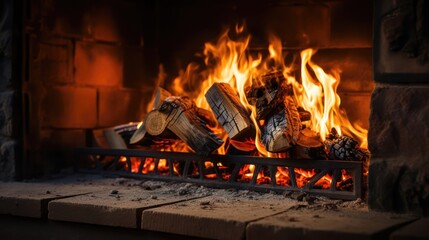 Fireplace with burning logs closeup view