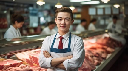 Butcher working with raw meat in modern meat shop.