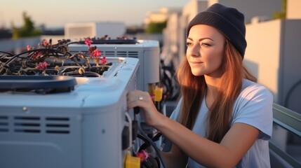 Fototapeta na wymiar Technician woman working on air conditioning outdoor unit.