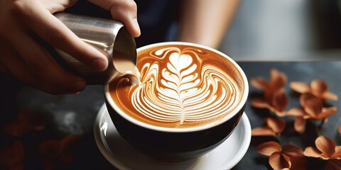 a coffee barista is pouring white milk to paint over an expresso coffee drink being painted - obrazy, fototapety, plakaty