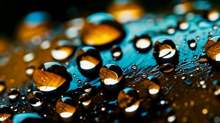 Abstract background with water drops on a glossy horizontal surface.