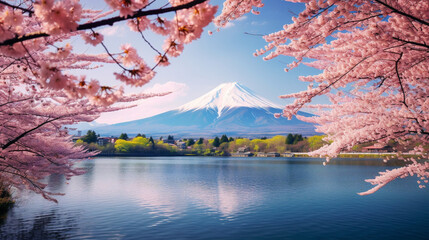 A stunning capture of Mount Fuji standing tall and proud, overlooking its awe-inspiring surroundings.