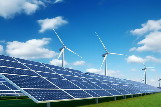 Solar panels and wind turbine power generators on a blue sky background. Energy industry, natural energy.