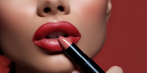 a beautiful woman is wearing red lipstick