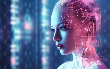 Futuristic cybernetic city background, woman