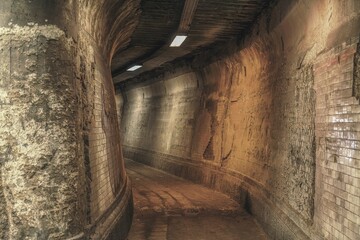 a narrow tunnel with two columns in it's end