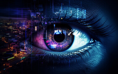 Futuristic cybernetic city background, eye of the world