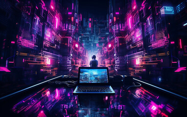 Futuristic cybernetic city background, laptop in the night city