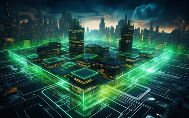 Futuristic cybernetic city background, city skyline at night
