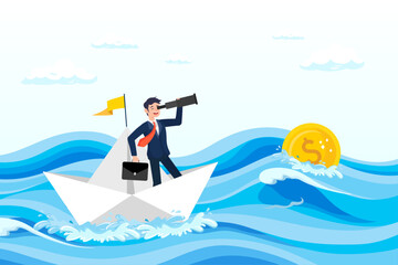 Businessman salary man investor riding the boat using telescope to see far golden money coin, financial planning target, vision and strategy for financial freedom or retirement saving goal (Vector)
