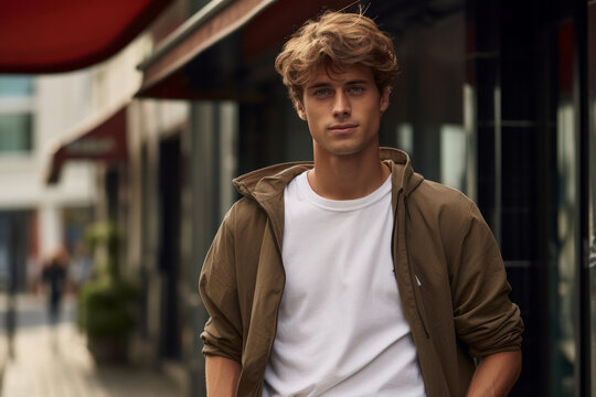 charming young male model with casual clothing standing on street, posing and looking at camera, natural light