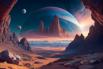 Step into a realm of imagination and marvel at a 3D sky adorned with planets of all kinds, from rocky and rugged to lush and serene - obrazy, fototapety, plakaty