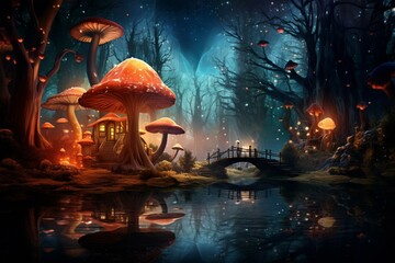 Nighttime forest with a glowing mushroom house and dark sky. Generative AI - obrazy, fototapety, plakaty