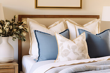 Elegance in Simplicity Blue Pillows Adorn a Modern Bedroom in French Country Style. created with Generative AI