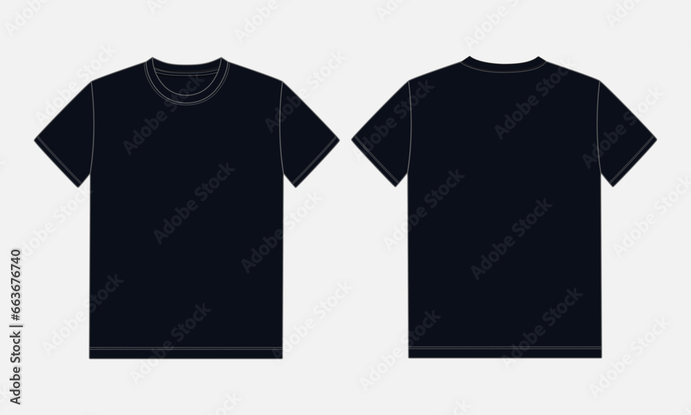 Canvas Prints Short sleeve Basic T shirt overall technical fashion flat sketch vector illustration template front and back views. Apparel clothing black color mock up for men's and boys.
