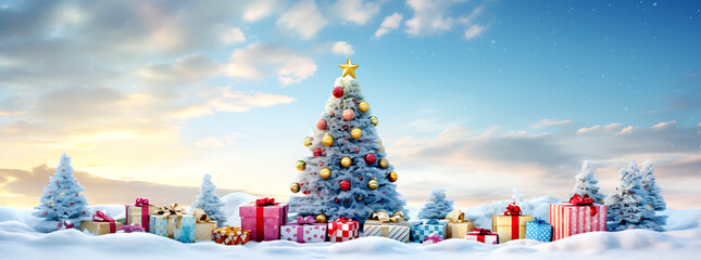 Beautiful background for a greeting card for Christmas and New Year with a small Christmas tree and a gift.