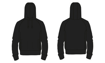 Hoodie Technical fashion flat sketch Vector template. Cotton fleece fabric Apparel hooded sweatshirt illustration black color mock up Front, back views.