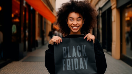 Happy excited woman holding a Black Friday shopping paper bag in shopping mall, discount sale concept - obrazy, fototapety, plakaty